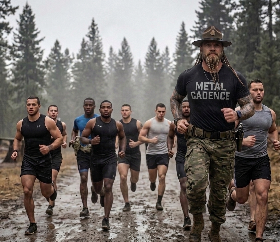 Sergeant Ragnar leading a running formation through a forest